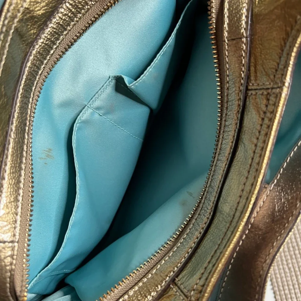Coach Metallic Gold Leather Hobo Shoulder Bag Turquoise Lining 14381
